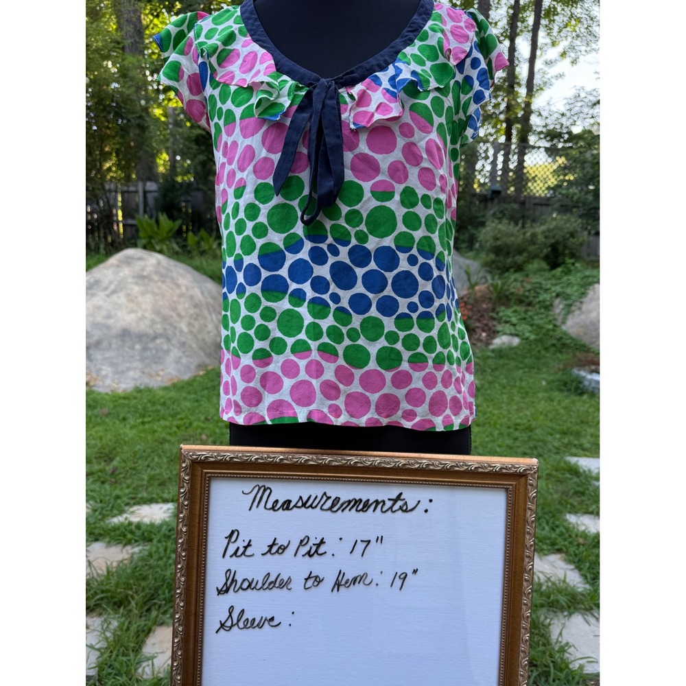 We Love Vera for Anthropologie 100% Silk Polka Dot Ruffle Blouse Green Pink 0 - Picture 5 of 5